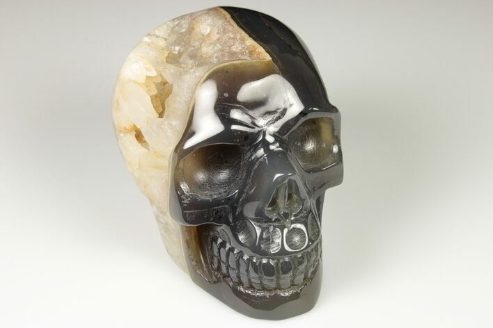 Polished Banded Agate Skull with Quartz Crystal Pocket #190521